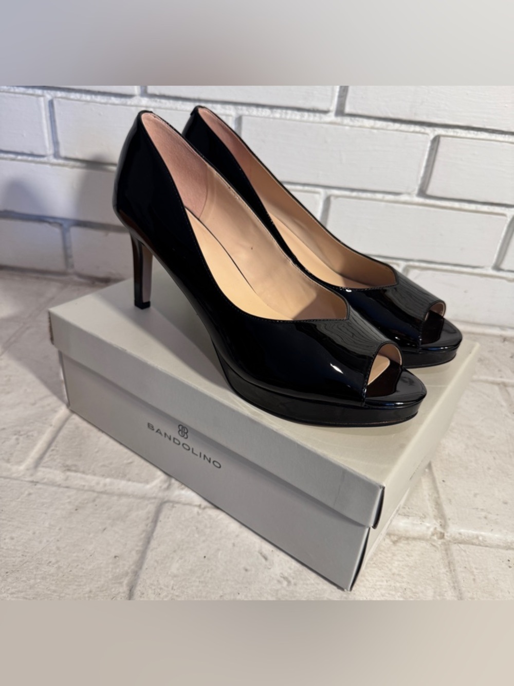 Bandolino Brayden3 Black Patent Peep-Toe Platform Pumps - 10M
